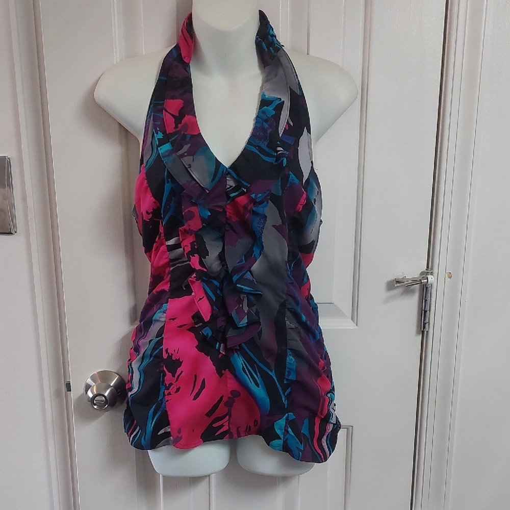 Express Pink and Blue Ruffle Front Top